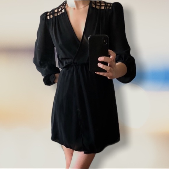 Vintage Black Sheer V-neck Mini Dress w/ Caged Style Lattice Open Back - Small - Picture 6 of 13